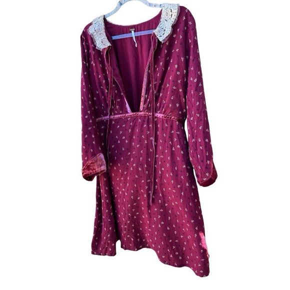 FREE PEOPLE RED DELFINA LACE COLLAR VELVET TRIM MINI DRESS SIZE L - Picture 16 of 16